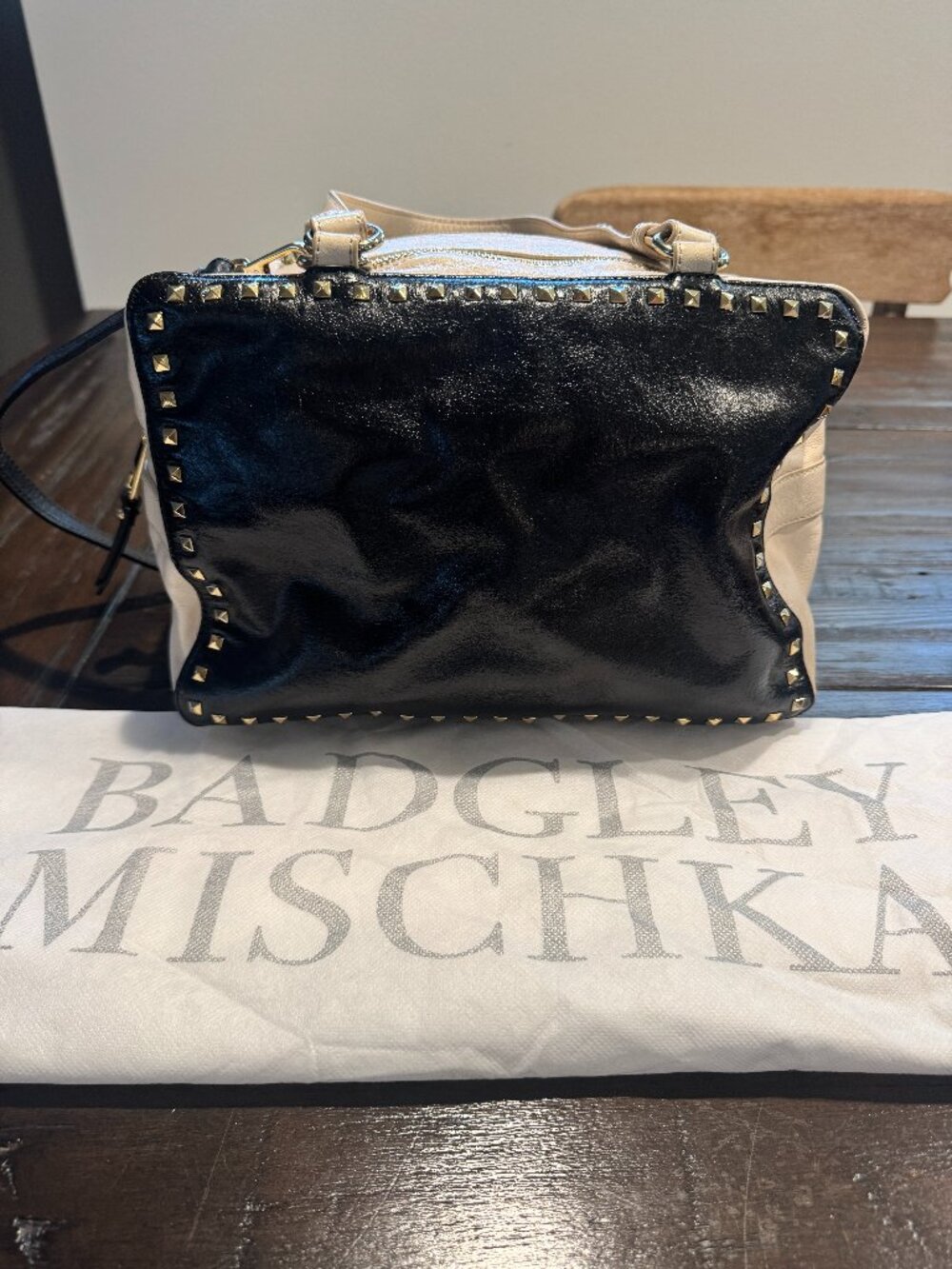Badgley Mischka Black Cream Leather Studded Satchel Crossbody